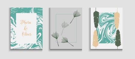 Abstract Elegant Vector Flyers Set. Minimal Monstera Leaves Invitation Design. Hand Drawn Asian Background. Japanese Style Invitation. Geometric Border Pattern. Tie-Dye, Tropical Leaves Covers.のイラスト素材