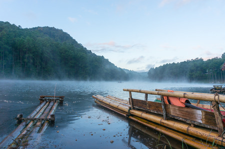 Bamboo raft on Pang Ung reservoir lake.の写真素材