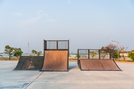 playground for practicing skateboarding or adventrure sport in public park at sriracha, chonburi, thailandの写真素材