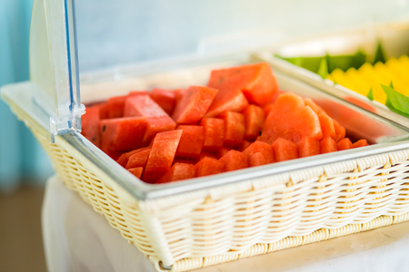 Watermelon sliced in the buffet restaurant.の写真素材