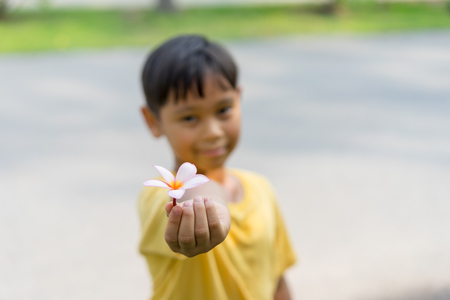 Flower in the hands of Asian boy.の写真素材