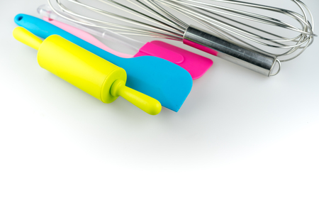 Baking tools and different shapes on white background on white background.の写真素材