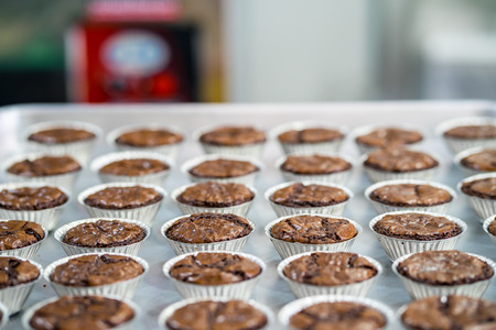 soft focus of close up brownie from oven  in white trayの写真素材