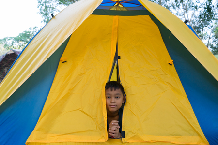 child boys are in the tent during camping.の写真素材