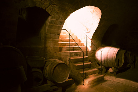 Wooden barrels in a wine cellar - German medieval wine cellar with round ceiling, where  are stored big wooden barrelsのeditorial素材