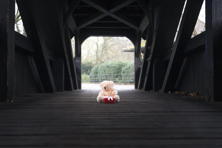 Cute plush bear toy and a gift box wrapped in red paper and tied with white ribbon and bow, sitting in the middle of a covered wooden bridge, waiting.の写真素材