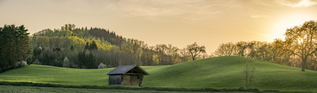 Panorama at sunset  with green hills and forest under a golden sky, near the german town Schwabisch...