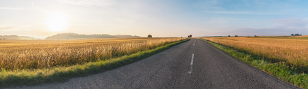 Idyllic rustic panorama with a street between golden agricultural fields, at sunrise, near Schwabisch Hall town,  Baden-Wurttemberg area, Germany.の写真素材