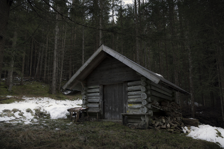 Abandoned wooden cottage in the middle of the austrian forest, near the village Ehrwald, on a cold day of decemberの写真素材