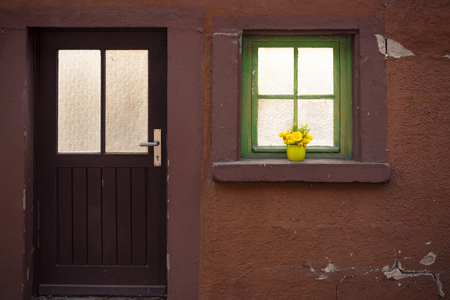 Spring flowers in a vase on a windowsill and the sunlight coming through the green wooden windowの写真素材