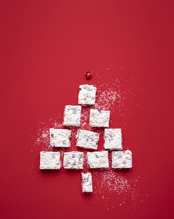 Christmas tree shape made of coconut and dried fruit dessert. Australian traditional Xmas food. White Christmas cake slices in a tree shape.の写真素材