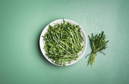 Bunch of fresh arugula in a white plate and an arugula bundle near it on a green mint table. Above view of harvested arugula. Making arugula salad.の写真素材