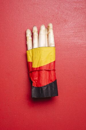 German white asparagus tied up in a paper napkin. Above view with a bundle of organic asparagusの写真素材