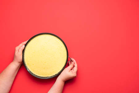 Perfect cheesecake freshly home-baked isolated on a red seamless background. Flat lay of a woman removing the cheesecake from pan. Tasty cheese pie.の写真素材
