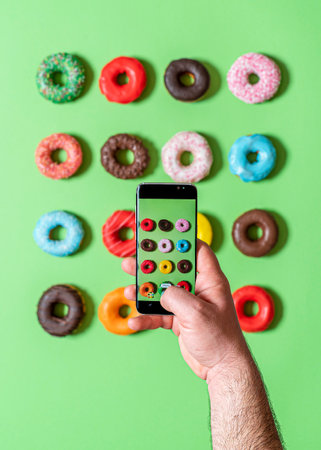 Above view with a man's hand photographing glazed donuts with the smartphone. Food photography with the phone.の写真素材