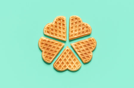 Above view with heart-shaped isolated on a green mint background. Homemade belgian waffles arranged in a circle on a green table.の写真素材