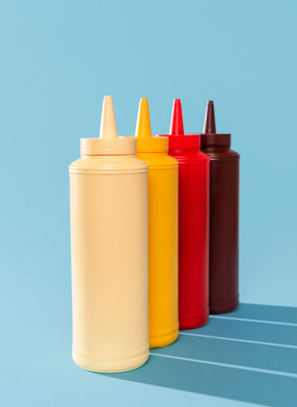 Close-up with multiple sauce bottles on a blue table. Variety of sauce in plastic bottles isolated...