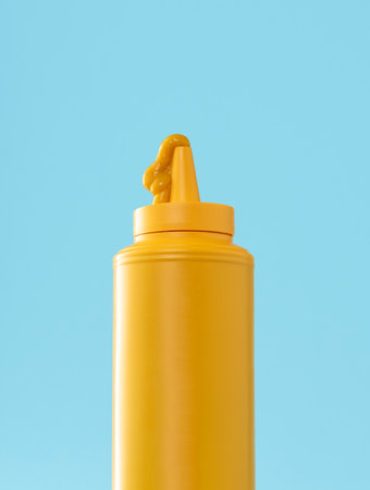 Close-up with yellow mustard bottle against a blue-colored background. A drip of mustard at the top of the bottle. Yellow plastic bottle isolated on blue background.の写真素材