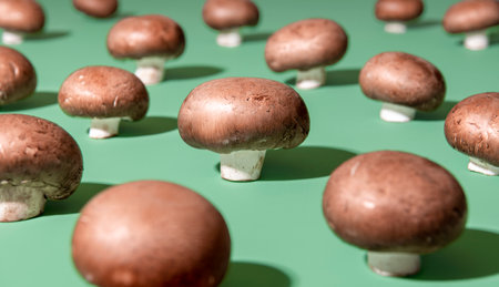 Bunch of champignon mushrooms on a green background in bright light. Close-up with edible raw mushrooms arranged on a green table.の写真素材