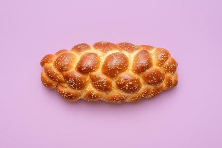 Directly above view with a homemade challah bread minimalist on a purple table. Braided bread, a traditional Jewish recipe, on a vibrant-colored backgroundの写真素材