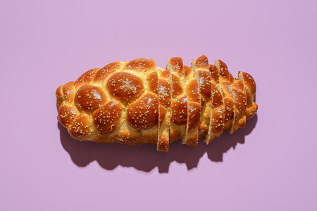 Above view with a homemade challah bread minimalist on a purple table. Sliced bread in bright light on a vibrant colored background.の写真素材