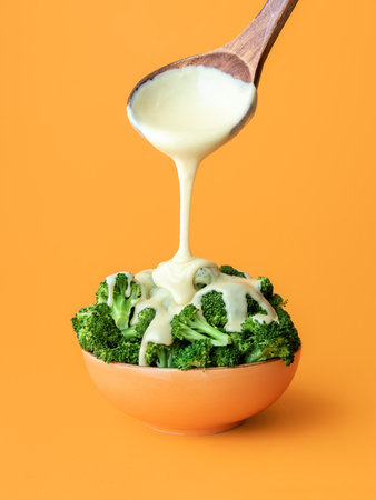 Pouring white cheddar sauce over cooked broccoli, minimalist on an orange background. Bowl with...
