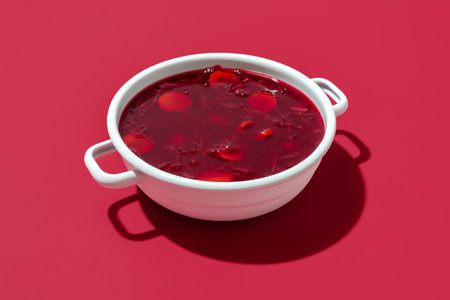 Bowl with the traditional borscht minimalist on a red table. Delicious Ukrainian vegetable soup with red beet, cabbage, and carrots in a white enamel bowlの写真素材