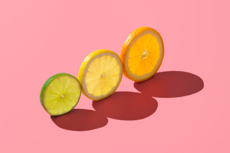 Slices of lime, lemon and orange aligned on a pink table in a bright light. Slices of different...