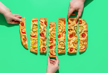 People hands taking slices of focaccia bread, above view on a green table. Homemade vegan focaccia with cherry tomatoes and paprika.の写真素材