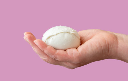 Woman holding in her palm a ball of buffalo mozzarella, minimalist on a purple background.の写真素材