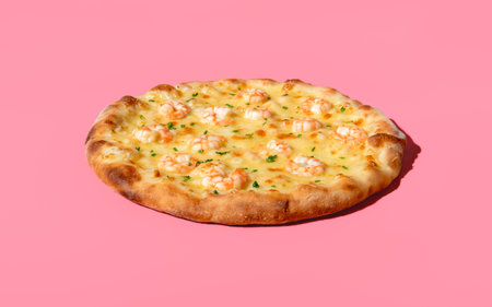 Close-up with a shrimp pizza isolated on a pink background. Homemade pizza with cheese and shrimp, minimalist on a colorful table.の写真素材