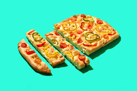 Sliced focaccia on a green table in bright light. Delicious homemade vegan focaccia with cherry tomatoes and paprikaの写真素材