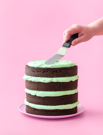 Woman makes a mint chocolate cake, minimalist on a pink background. Delicious homemade layered cake, with dark chocolate and mint-flavored buttercreamの写真素材