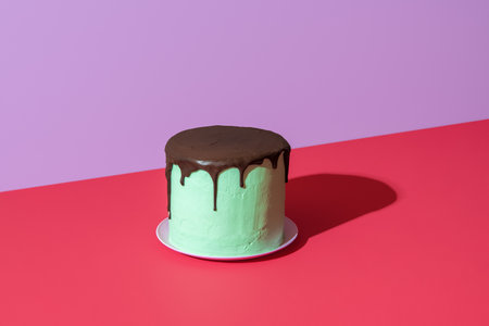 Homemade birthday cake with peppermint flavored cream and dark chocolate icing. Delicious layer cake with dark chocolate and buttercreamの写真素材
