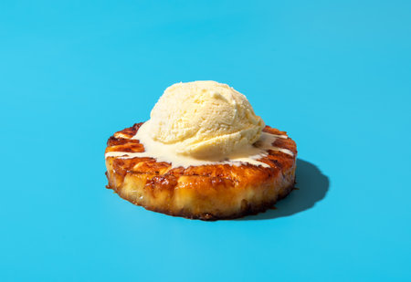 Summer dessert, roasted pineapple ring dipped in rum sauce, with a scoop of vanilla ice cream. Hawaiian dessert minimalist on a blue backgroundの写真素材