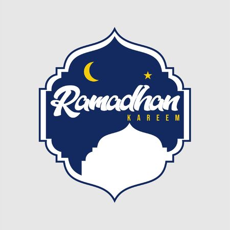 Dual tone Ramadhan greeting card with simple typography decorated with moon and star and silhouette of mosque as backgroundのイラスト素材