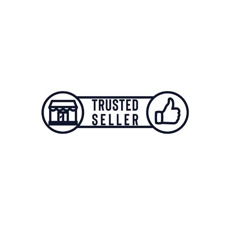 Trusted seller stamp vector logo design with thumb up and store icon isolated on white background good for your website, micro blogging, marketplace iconのイラスト素材