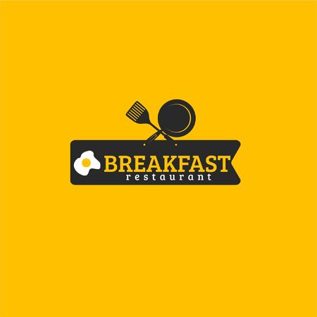 Vector illustration of text with frying pan, spatula and fried egg in black ribbon isolated on yellow background fit for steak restaurant logoのイラスト素材