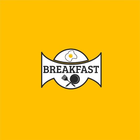 Vector illustration of text with frying pan, spatula and fried egg in white ribbon isolated on yellow background fit for morning restaurant logoのイラスト素材