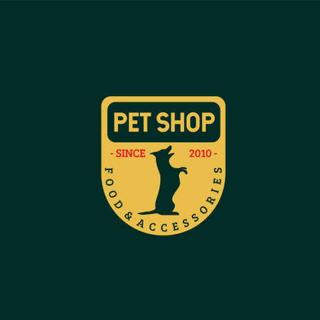 Vector illustration of standing dog silhouette in yellow oval frame isolated on dark background perfect for pet shop food and accessories business logoのイラスト素材