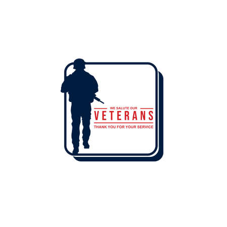 Silhouette of soldier with rifle in hand in blue rounded box with text isolated on white background perfect for Veterans Day illustrationのイラスト素材