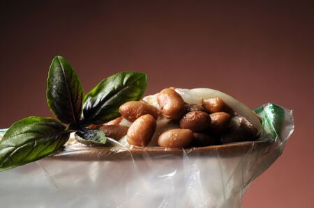 Bean and onion salad on cellophaneの写真素材