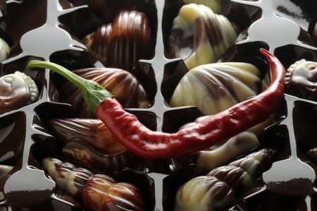 Close up of a box of chilli chocolatesの写真素材
