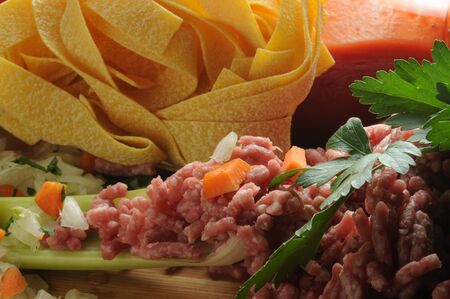 Ingredients to prepare the meat sauce.の写真素材