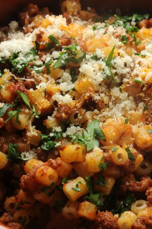 Plate of short pasta with meat sauce and Parmigiano cheeseの写真素材