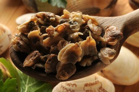 Close up of shelled clams in the spoonの写真素材