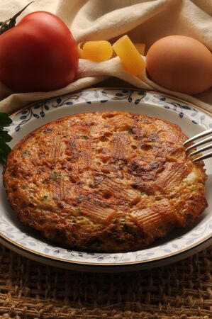 Close up on recycled tomato omelette pastaの写真素材