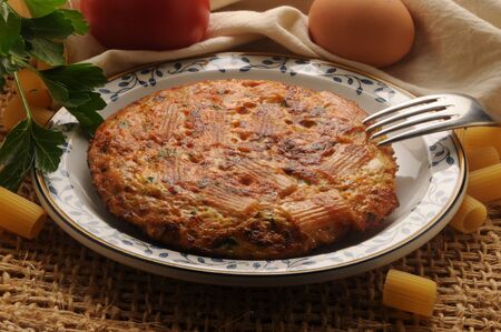 Close up on recycled tomato omelette pastaの写真素材