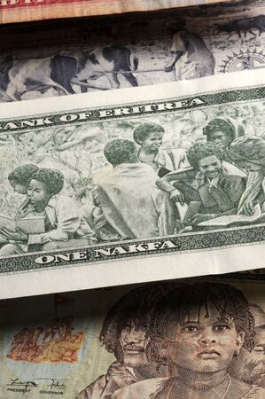Close up on many banknotes of Eritrean nakfa