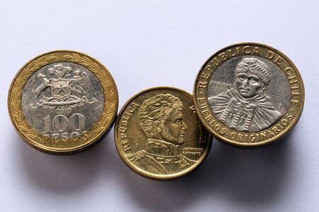 Coins of the Chilean weight in circulation.の写真素材